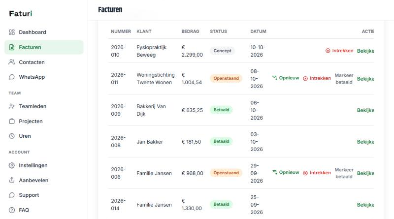 De facturenlijst met statussen en filters